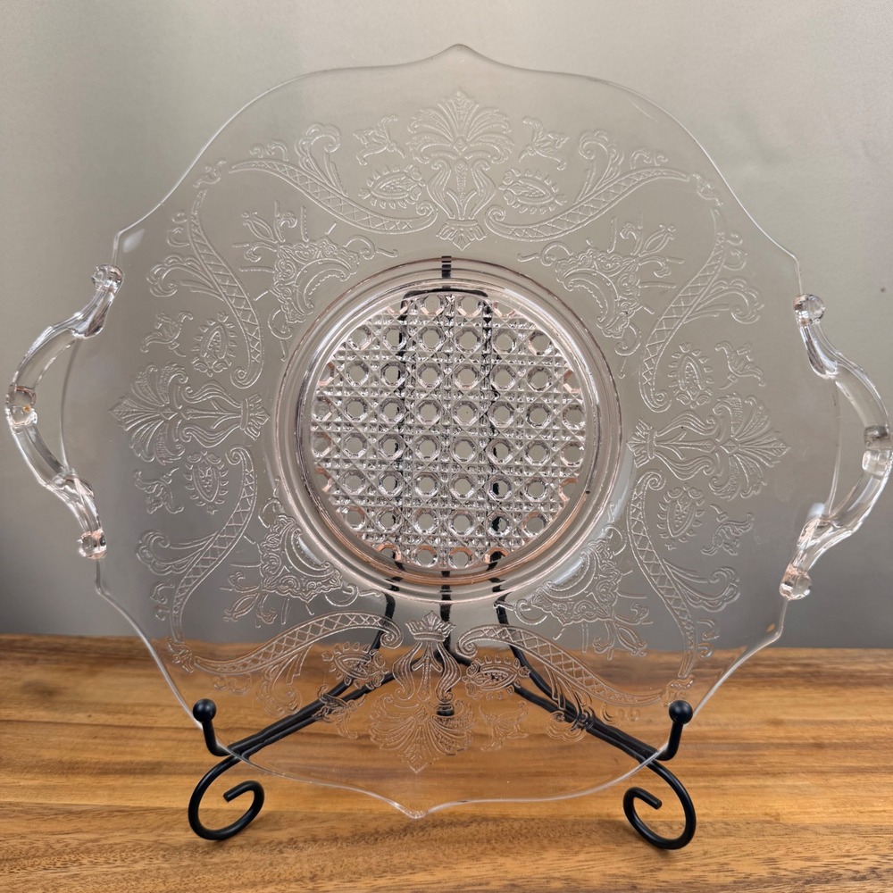 Lancaster Pink Depression Glass Landrum Cane 12.5in Handled Serving Tray